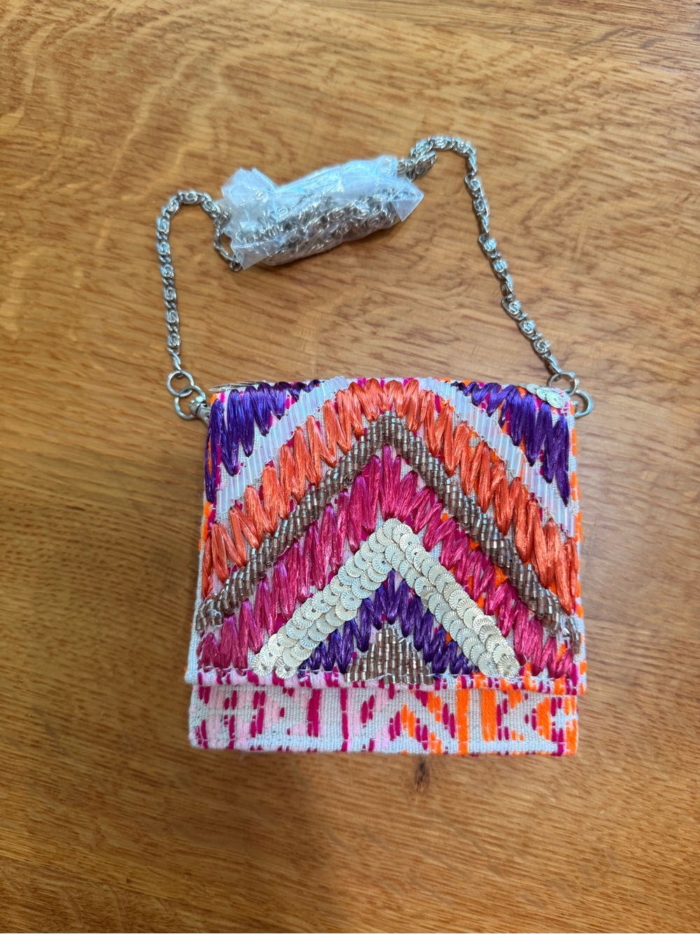 America & Beyond Embroidered Chevron Mini Crossbody Bag in Pink, Orange & Purple